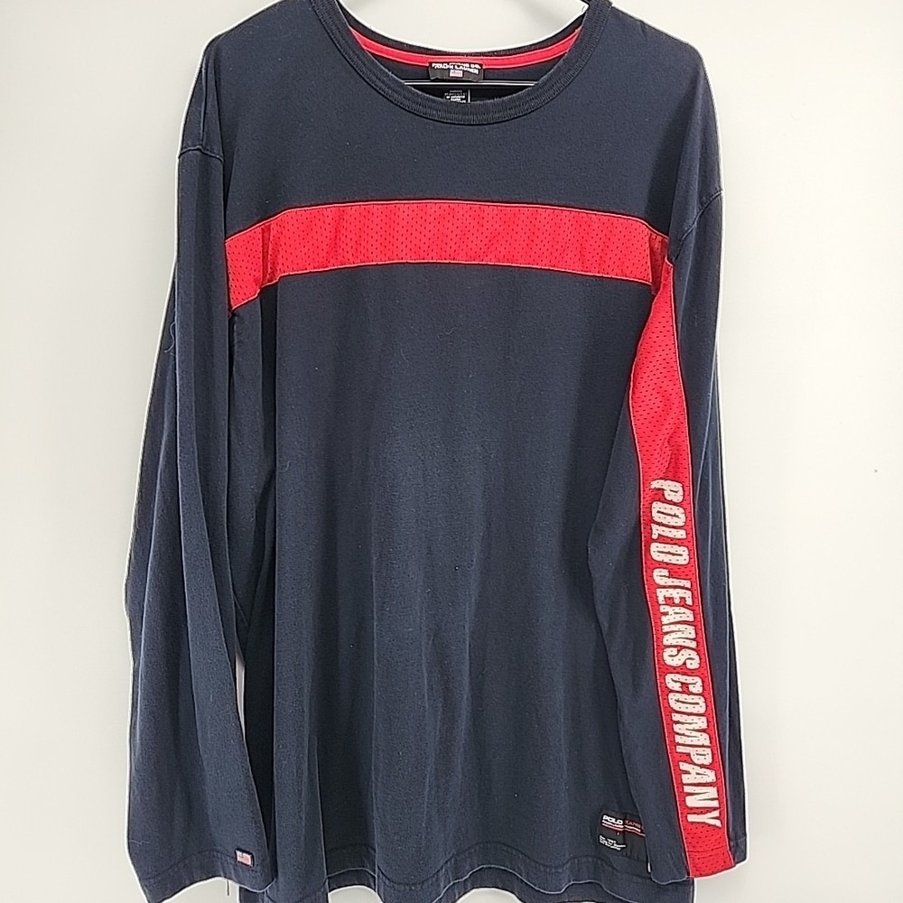 Polo Jeans Co Ralph Lauren Mens XXL Navy Blue Red Mesh Stripe Long Sleeve Tee